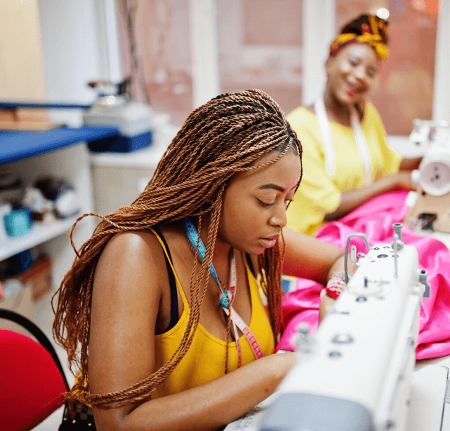 woman with sewing machine